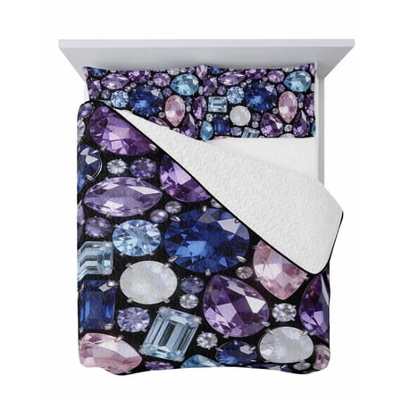 Colorful Diamonds 3 Piece Quilt Set King Size, Sparkling Colored Gemstone Blue Pink Purple Soft Bedspread Coverlet Bedding Set Microfiber Lightweight Comforter Set with 2 Pillowcases for Bedroom