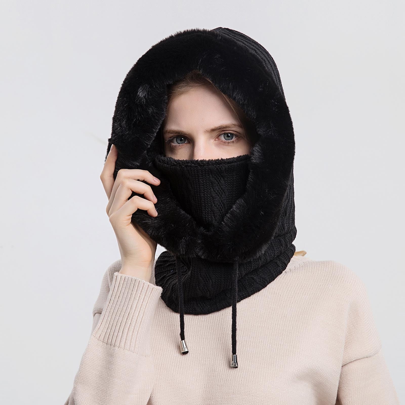 qolati Trapper Hat for Women Men with Mask Ear Flaps Knitted Windproof Winter Bomber Hats Cold Weather Warm Winter Faux Fur Hunting Balaclava Ski Hats