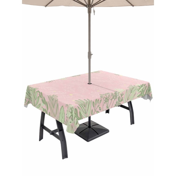 Outdoor Tablecloths with Umbrella Hole & Zipper, Pink Leaves Rectangle Tablecloth 60x120 Inch, Green Summer Botanical Pastoral Waterproof Table Cloth, Patio/Pool/Picnic Table Covers