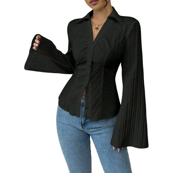 Women Button Down Shirts Striped Long Sleeve Collared Casual Work Blouses Tops Trendy Outfits Black XXL