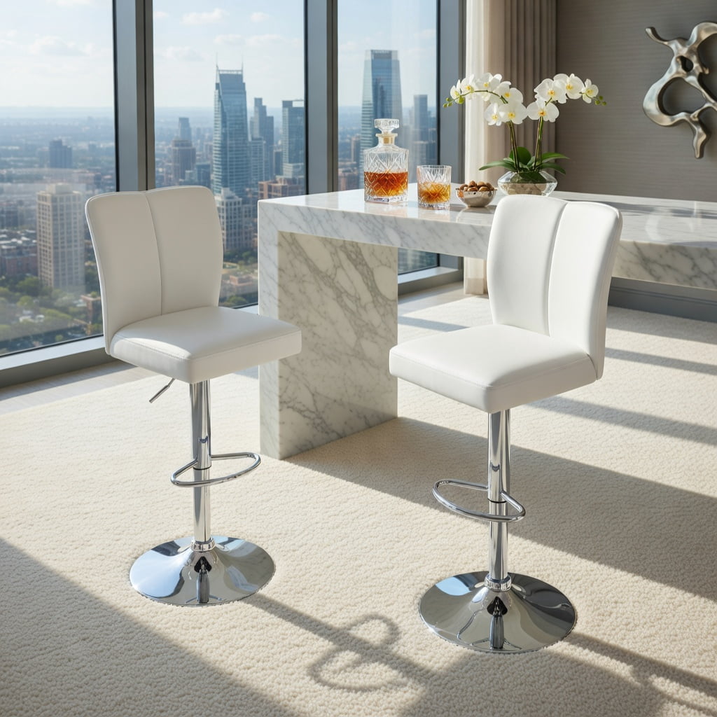 Hommoo Modern PU Leather Bar Stools Set of 2 with Adjustable Height, 360° Swivel & Trumpet Silver Metal Legs, Contemporary Kitchen, Bar & Lounge Seating, White