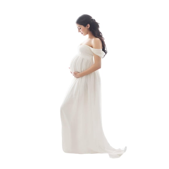 VONKY Maternity Photography Dress Chiffon Gown Front Pregnancy Long Dresses Pregnant Women Photoshoot Prop Baby Showers White L
