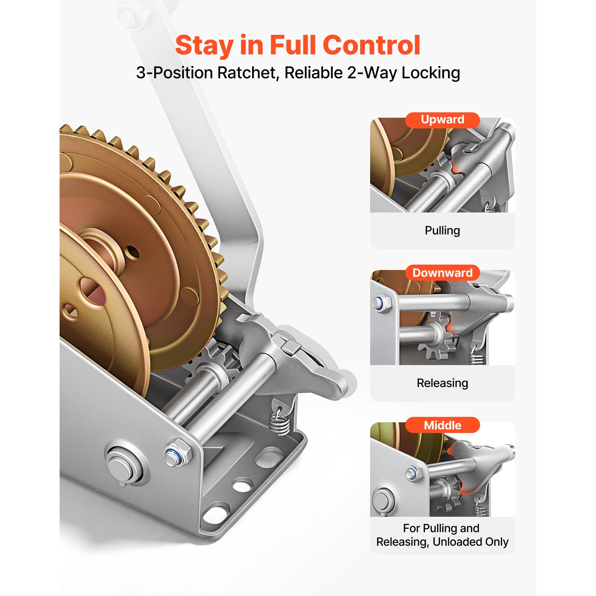 KFFKFF 1600 lbs Hand Winch, Durable Manual Rope Crank with Two-Way Ratchet, 4:1 Gear Ratio, Easy-to-Install Gear for Boat Trailer and ATV Towing