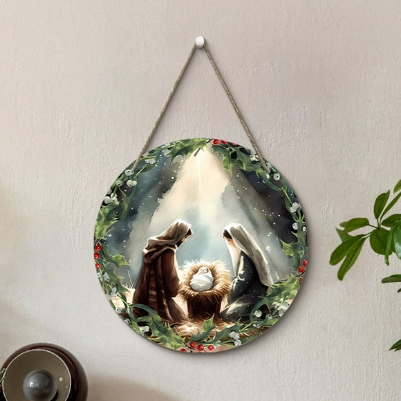 Lydiaunistar Easter Decorations for Home: Wooden Birth Door Hanger with Religious Ornament, 7.87" Round Doorplate Sign for Holiday Decor