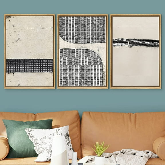 IDEA4WALL Framed Canvas Print Wall Art Set of 3 Black Tan Grunge Grid Polygon Pattern Abstract Shapes Cozy Neutral Modern Art Decorative Contemporary Minimal for Rooms - 24"x36"x3 Natural