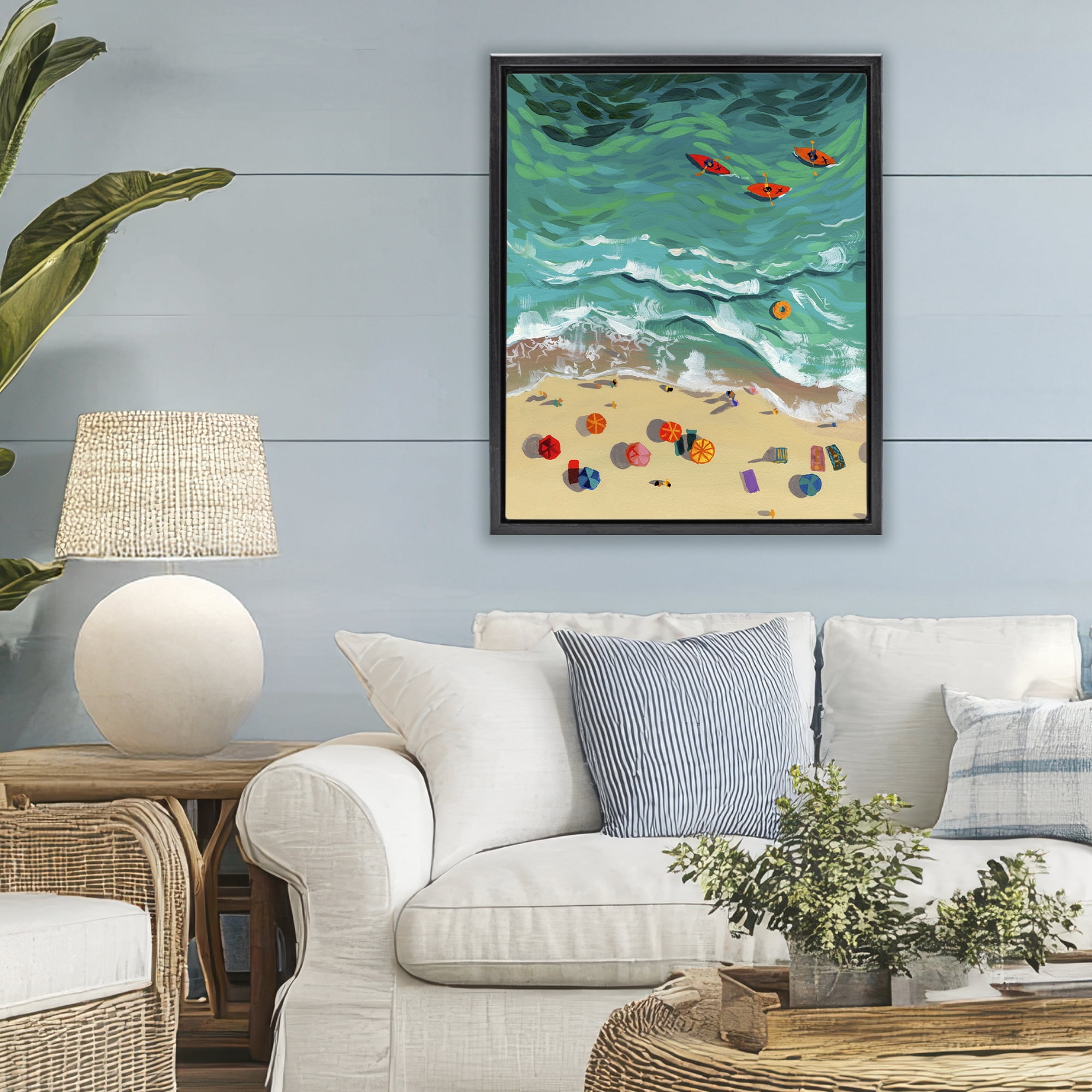 Stupell Industries Three Kayaks in Turquoise Waves Black Framed Floater Canvas Wall Art, design by Brook Page