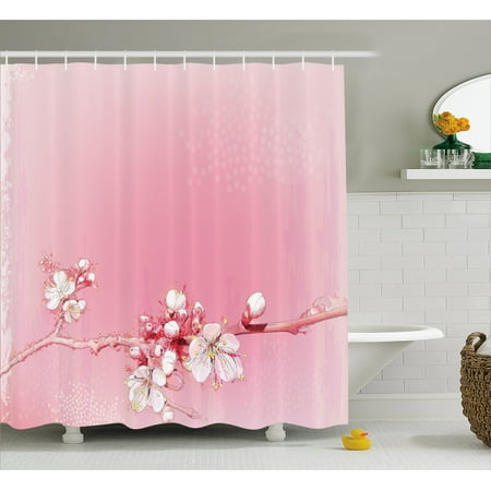- Peach Shower Curtain, Japanese Inspired Cherry Blossom Branch Sakura Flowers in Soft Colored Spring Time, Fabric Bathroom Set with Hooks, 69W X 70L Inches, Pink White, by Ambesonne