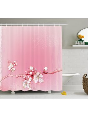 Peach Shower Curtain, Japanese Inspired Cherry Blossom Branch Sakura Flowers in Soft Colored Spring Time, Fabric Bathroom Set with Hooks, 69W X 84L Inches Extra Long, Pink White, by Ambesonne