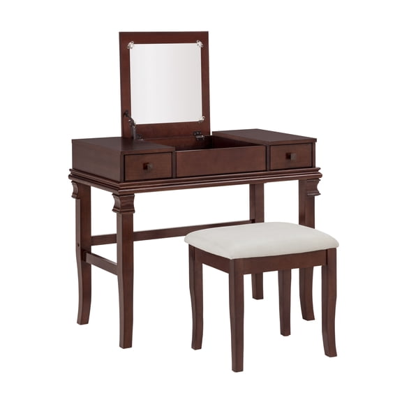 Linon Morton 2-Piece Vanity Set with Flip-Top Mirror and Upholstered Stool, Walnut/Beige