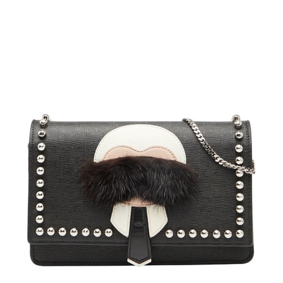 Pre-Owned FENDI Carlito Studded Chain Shoulder Bag/Wallet Bag 8M0346 Black Leather Women's