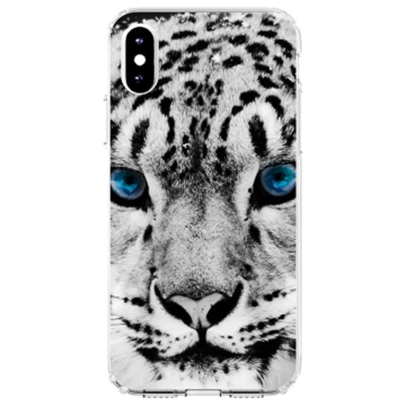 DistinctInk Clear Shockproof Hybrid Case for iPhone XS Max (6.5" Screen) - TPU Bumper, Acrylic Back, Tempered Glass Screen Protector - Snow Leopard Blue Eyes - Animal Print