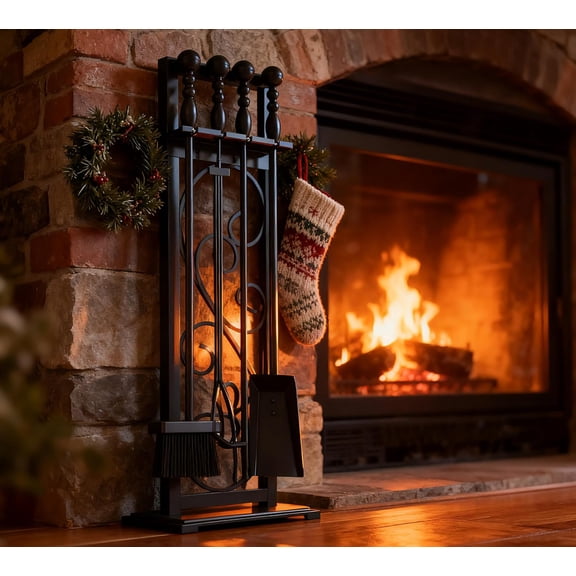 5 Pcs Fireplace Tools Wood Stove Fireset Accessories Outdoor Firepit Tools Fireplace Décor Indoor Fire Tools Set with Decorative Scroll Stand, Handy Shovel, Brush, Tongs, Poker-Black