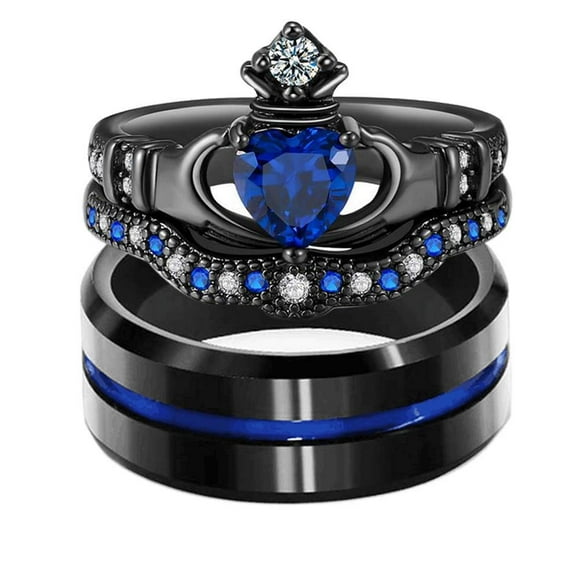 LOVERSRING Couple Ring Bridal Set His Hers Women Black Gold Plated CZ Men Stainless Steel Claddagh Wedding Ring