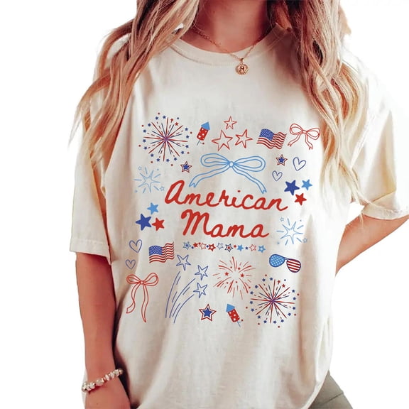 4th Of July Mom T-Shirt – American Mama Coquette Bow Patriotic Graphic Tee, Independence Day Shirt Gift for Moms