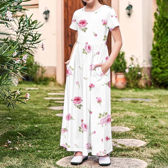 DAETIROS Girls Maxi Dress with Pockets Floral Short Sleeve White Long Casual Summer Soft Cotton Feel for Wedding Party 4-14 Years,Size 9 T