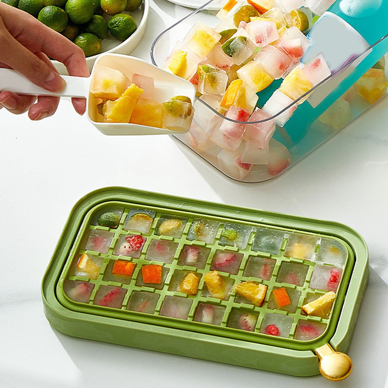 32-Cube Ice Tray Set with Lid & Scoop, Easy-Release Freezer Ice Maker - Green