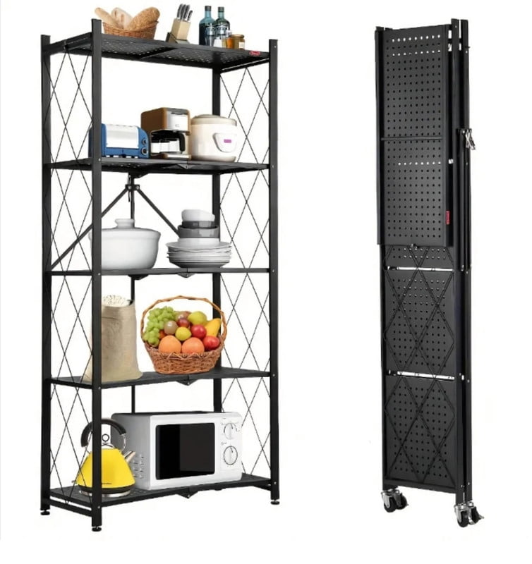 5-Tier Foldable Metal Storage Rack with Wheels, Heavy Duty Rolling Shelving Unit, Folding Metal Rack Shelving Unit for Garage, Kitchen, Basement