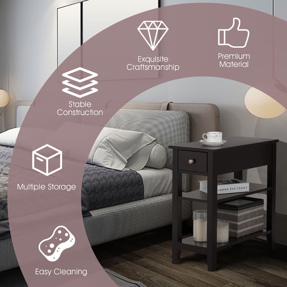 Finihen End Side Table, Rectangular Nightstand, 3-Tier End Table with Drawer slideway and Double Shelves, for Living Room, Bedroom, Brown Finihen End Side Table, Rectangular Nightstand, 3-Tier End Table with Drawer slideway and Double Shelves, for Living Room, Bedroom, Brown