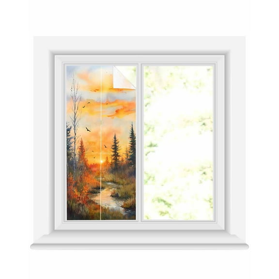 Window Privacy Film Forest Sunset Stained Glass Window Film Decorative Sun Block Window Cover Farmhouse Orange Sky Nature Scenery Window Clings Static Adhesive Sticker for Bathroom 17.7"x39.3"
