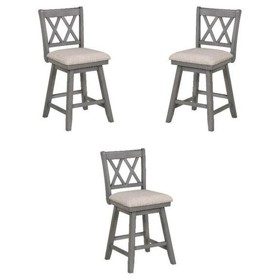 Home Square 24" Wood Frame Swivel Barstool in Distressed Gray & Beige - Set of 3
