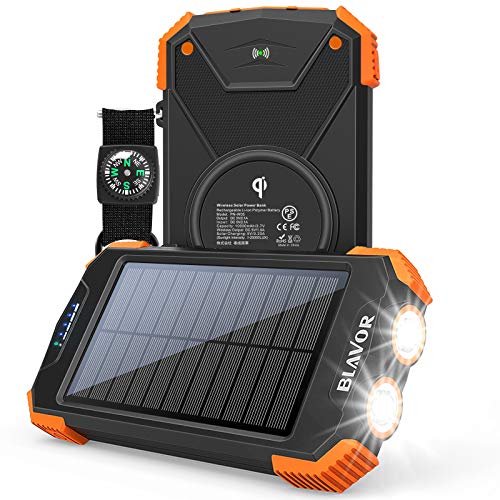Banco de energía solar, cargador portátil Qi 10,000mAh Batería externa Tipo C Puerto de entrada Linterna dual, brújula, carga del panel solar (naranja)