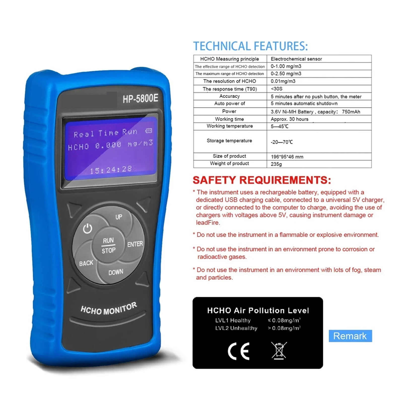 -5800E Digital Formaldehyde Detector Air Quality Tester Gas Detector for Industry,Home,Air Purifier Quality,Environment