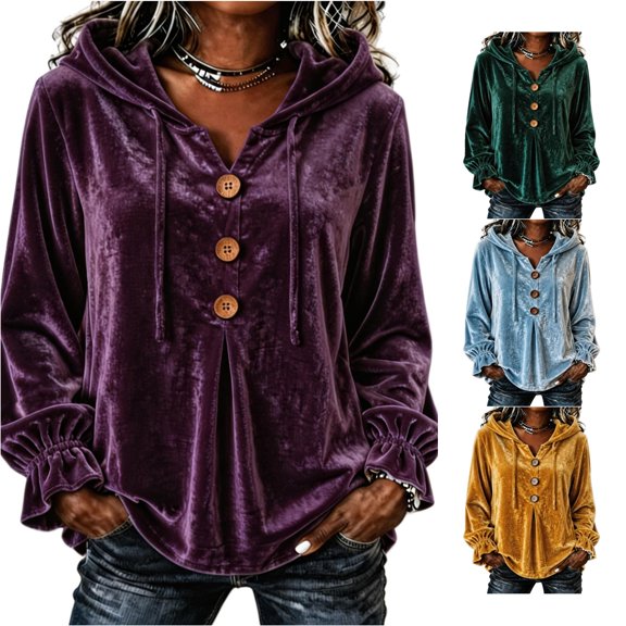 DHFJKG Velvet Hoodies For Women Ruffle Long Sleeve Button Pullover Sweatshirt Casual Fall Clothes