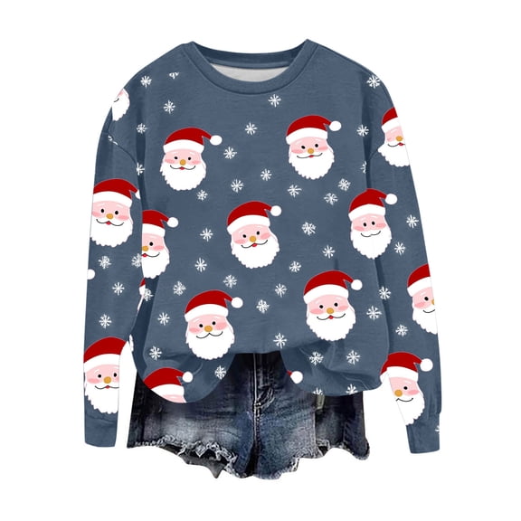 qucoqpe Christmas Pullovers for Women 2025 Fall Winter Fashion Santa Claus Printed Crewneck Long Sleeve Oversized Sweatshirts Tops All Season Outfits