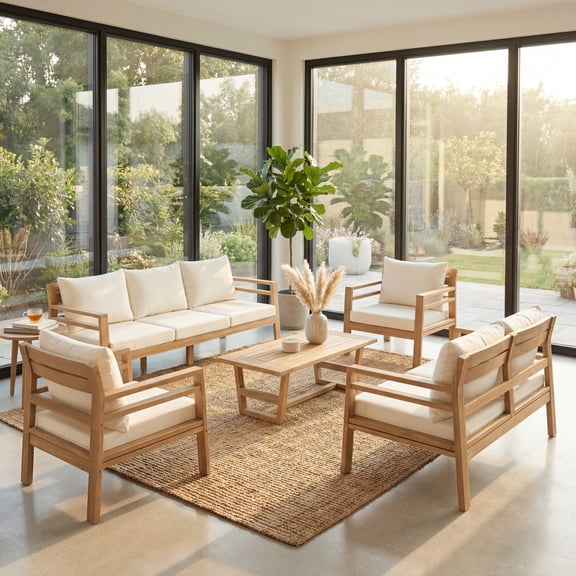 Christopher Knight Home 5-Piece Acacia Wood Outdoor Sofa Set with Beige Cushions and Coffee Table