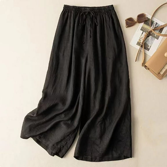 nochalofo Women's 2025 Casual Wide Leg Pants - Japanese Style Elastic Waist Loose Trousers for Spring & Autumn | Cotton Linen Blend, Solid Color, Comfort Fit