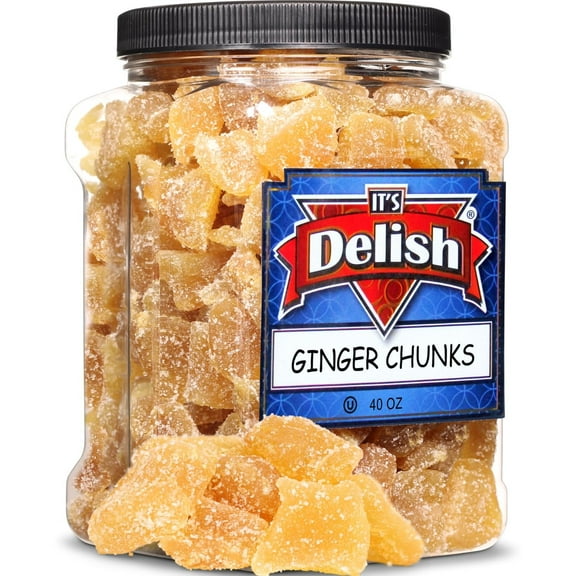Crystallized Ginger Chunks by It's Delish, 2.5 Lb Jumbo Reusable Container  Candied Dried Ginger Fruit Chews Natural Candy, Ginger Root with Sugar Crystals, Unsulphured - Healthy Snack, Vegan, Kosher