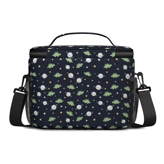 Dinosaur and Planet Navy Blue Pattern Insulated Lunch Box for Women Men, Medium Leakproof Cooler Bag with Adjustable Strap, 10"x6.7"x8"