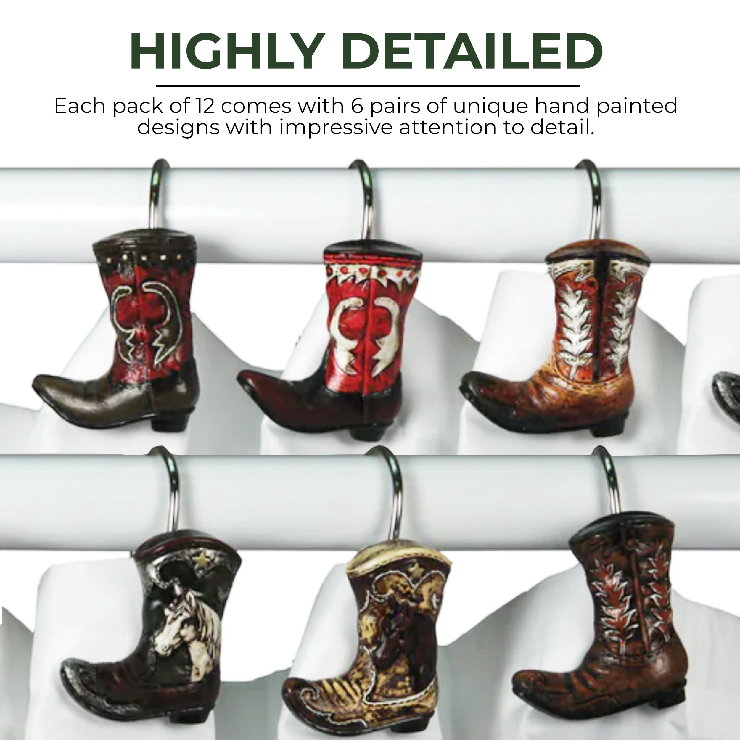 Rivers Edge Products 12-Pack Shower Curtain Hooks, Hand-Painted Country Decorations and Shower Curtain Rings, Western Bathroom Decor and Accessories, Cowboy Boot