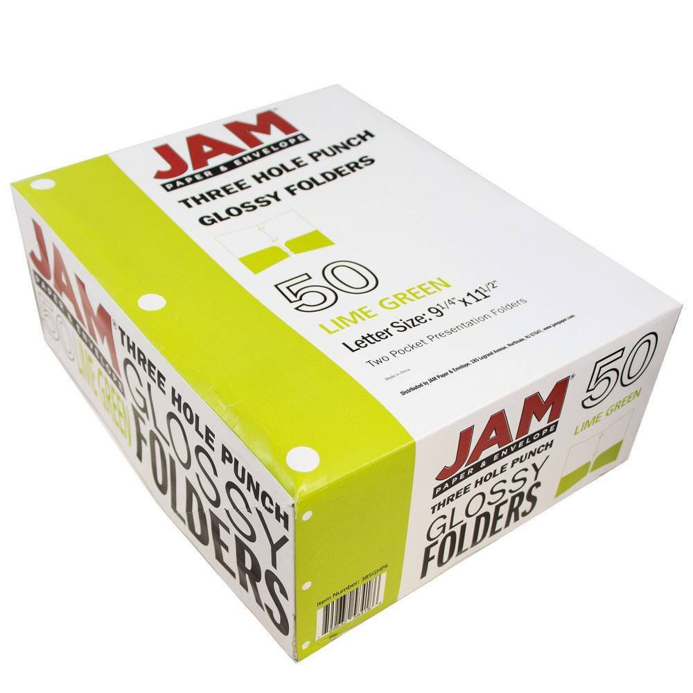 JAM Paper Glossy 3 Hole Punch Folders, Lime Green, 50/Pack