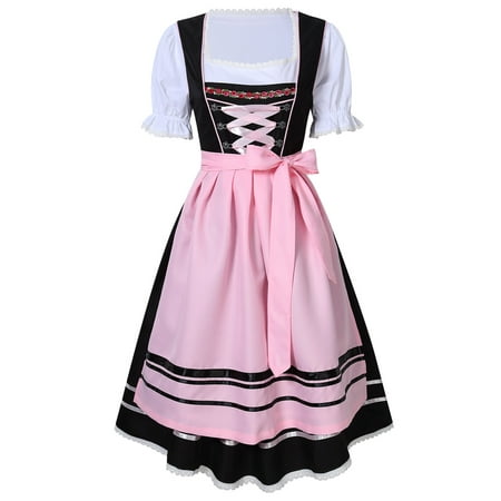 3-Piece Long German Oktoberfest Dirndl Dress, Black and Pink