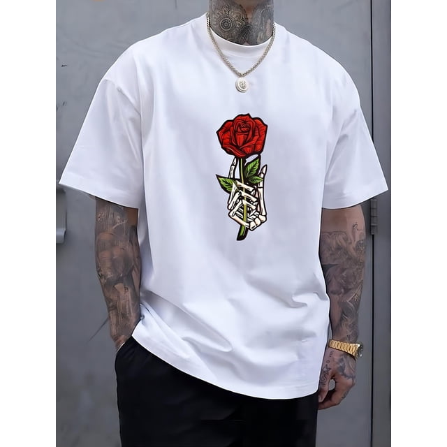 Rose Pattern Print Men's New Round Crew Neck Short Sleeve Tee, Fashion T-Shirt, Comfy Breathable Casual Sports Top For Spring Summer Holiday Leisure Vacation