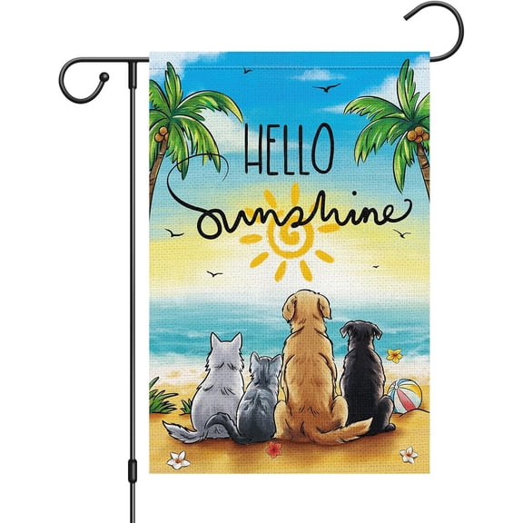 12x18 Burlap Summer Garden Flag Double Sided Hello Sunshine Dog Cats Beach for Lawn Yard Outdoor Decor