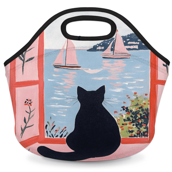 Herdesigns Cute Insulated Lunch Bag Neoprene Lunch Box for Women Men Soft Cooler Bag Black Cat Washable Lunch Tote for Work Outdoor Picnic