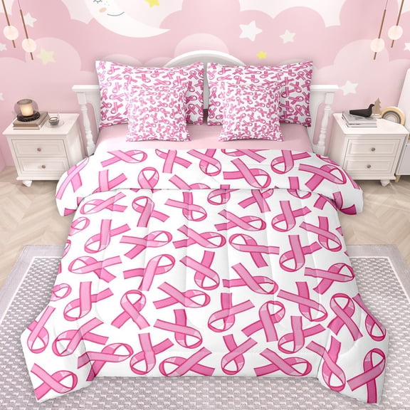 Manfei Kawaii Bow Tie 7-Piece Twin Bedding Sets,Cute Bowknot Ribbon Bedding Comforter Set,Pink White Sheet Sets For Girls Teens,Breathable Home Decor Reversible