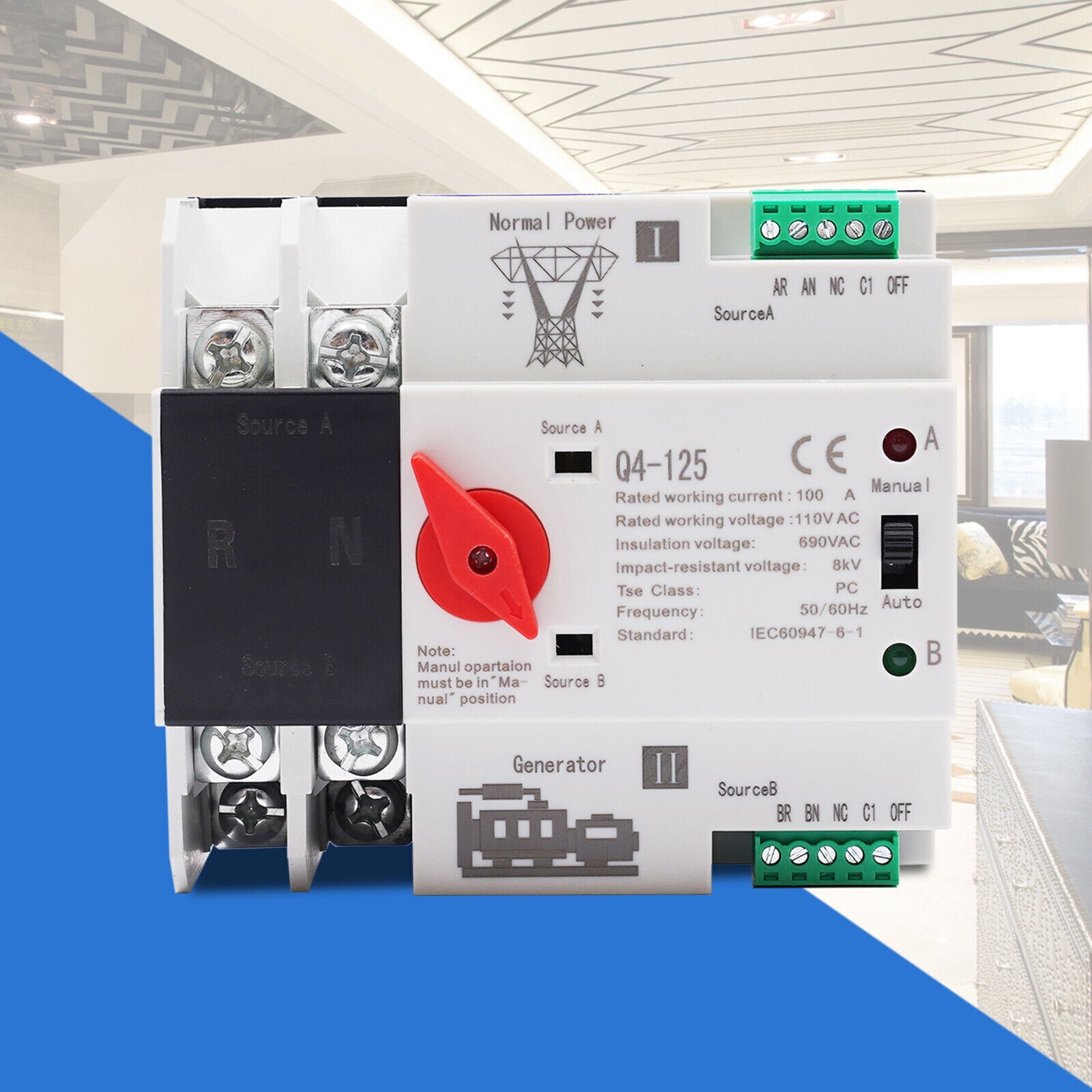 Automatic Transfer Switch 2P 100A Generator Changeover Switch Dual-Power