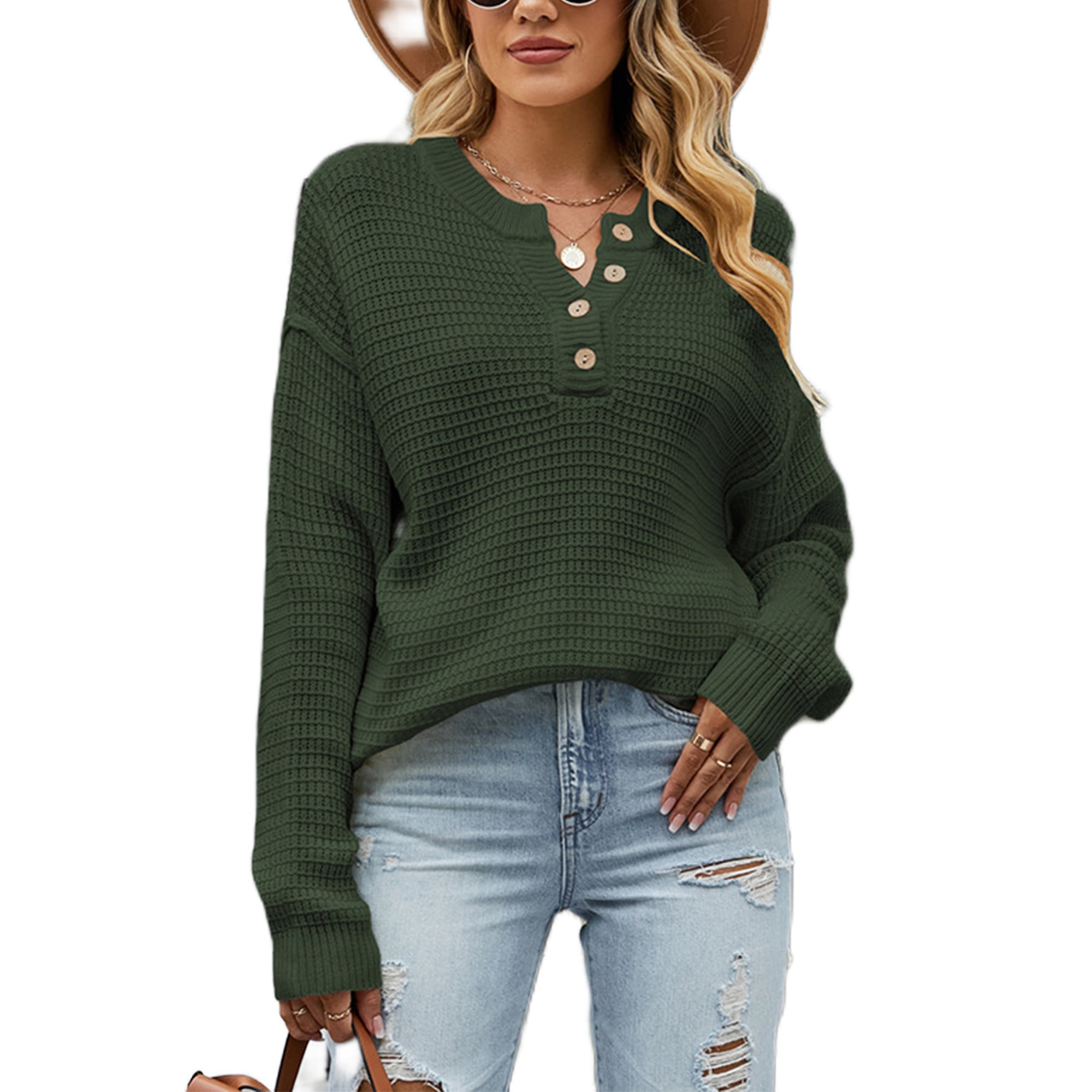 Glonme V Neck Jumper Tops for Women Casual Winter Warm Pullover Waffle Knit  Button Down Knitted Sweaters Army Green S - Walmart.com