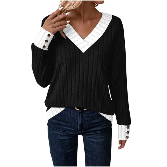 Sexlip Womens Contrast Trim Sweater V Neck Design Warm Fabric Relaxed Silhouette for Fall Outings Black XL