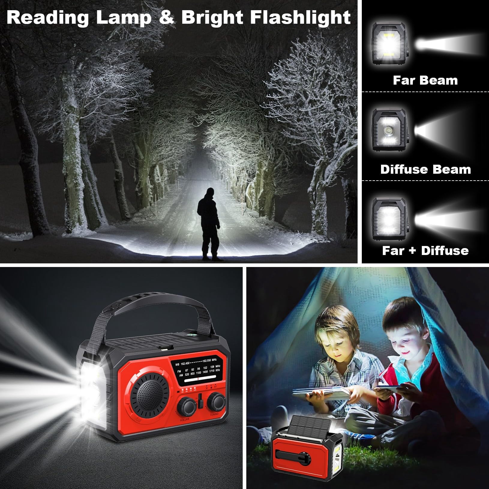 16000mah Hand Crank Emergency Weather Radio With Wireless  59200mwh Noaa Am Fm Solar Flashlight Cell Phone Reading Lamp Compass Sos For Camping And (red)
