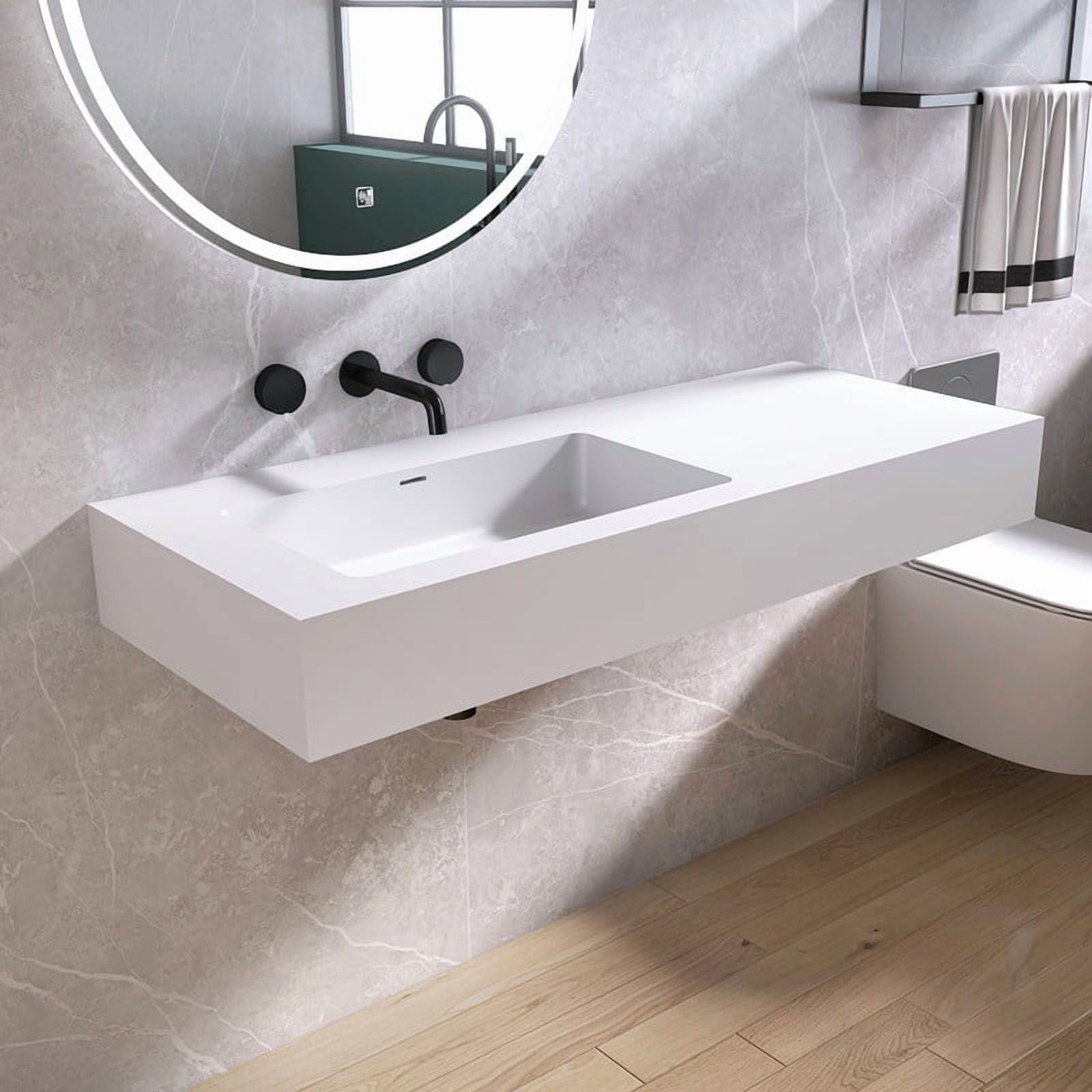 MEDUNJESS 47" Premium Stone Resin Solid Surface Bathroom Vanity Sink - Wall Mount Sink with Black Bracket and overflow,Durable Freestanding Modern Basin