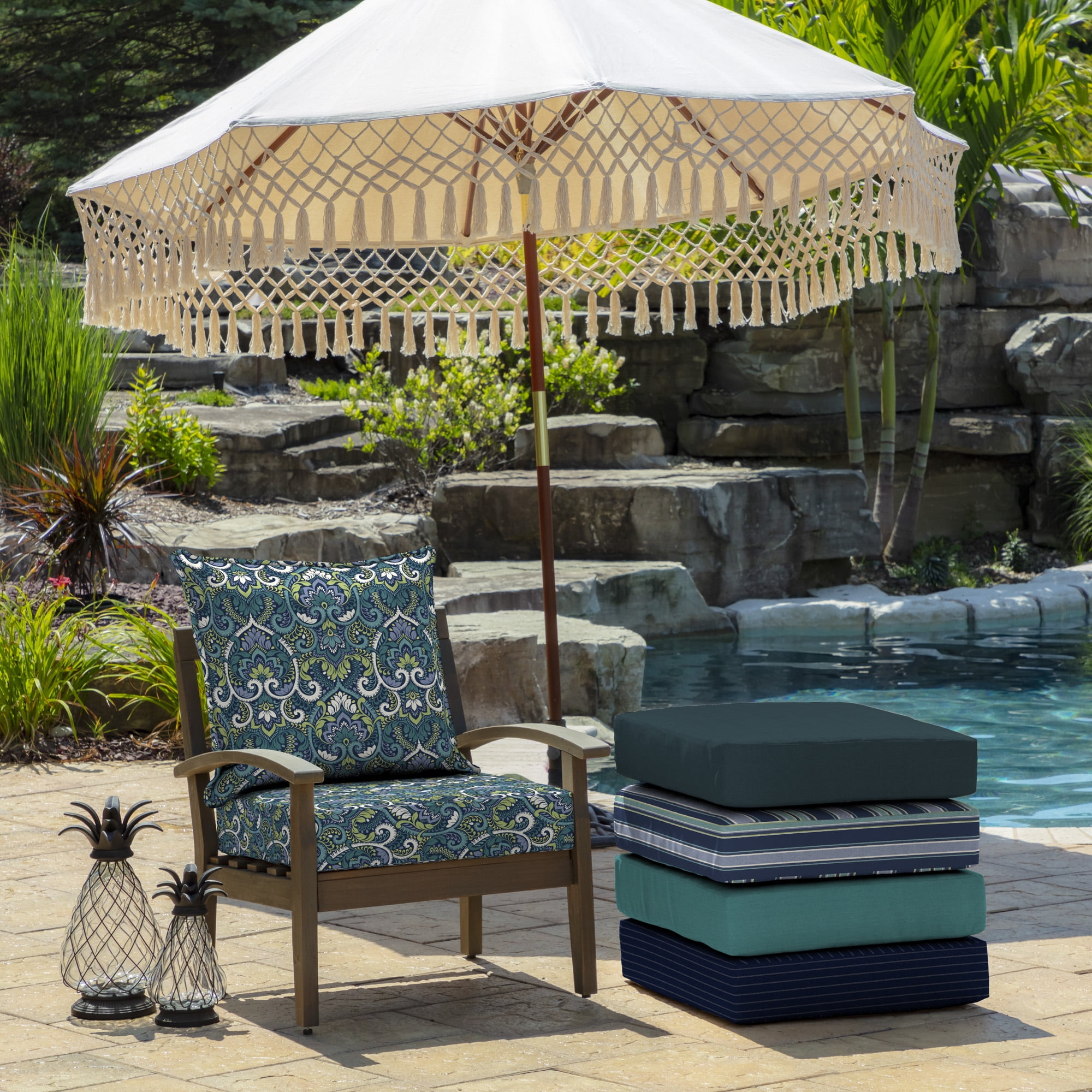 ARDEN Outdoor Deep Seat Cushion Set, 24 x 24, Water Repellant, Fade Resistant, Deep Seat Bottom and Back Cushion for Chair, Sofa, and Couch, Sapphire Aurora Blue Damask
