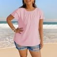 thumbnail image 4 of Pink Ladies Ruffle Short Sleeve Tshirts Loose Fit Tee Tops for Juniors Boat Neck Faux Gauze Linen Brunch Pleated Plain Fall Summer Tee Shirt 2025 Clothes S, 4 of 7