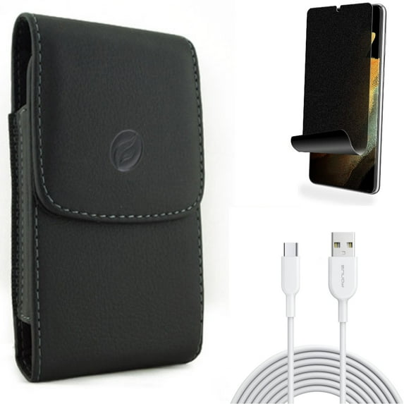 Privacy Screen Protector & Case Belt Clip & 6ft USB-C Cable for Samsung Galaxy S21 Ultra Phone - TPU Film Fingerprint Works & Leather Holster & Type-C Fast Charger Accessory Bundle