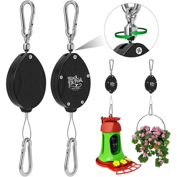 Plant Pulleys, Heavy Duty Retractable Hangers, 304 Stainless Steel Rope, Auto Plant Holder, Adjustable Climbing Hook for Garden Baskets, Watering, or Bird Feeders 2PC (Black)