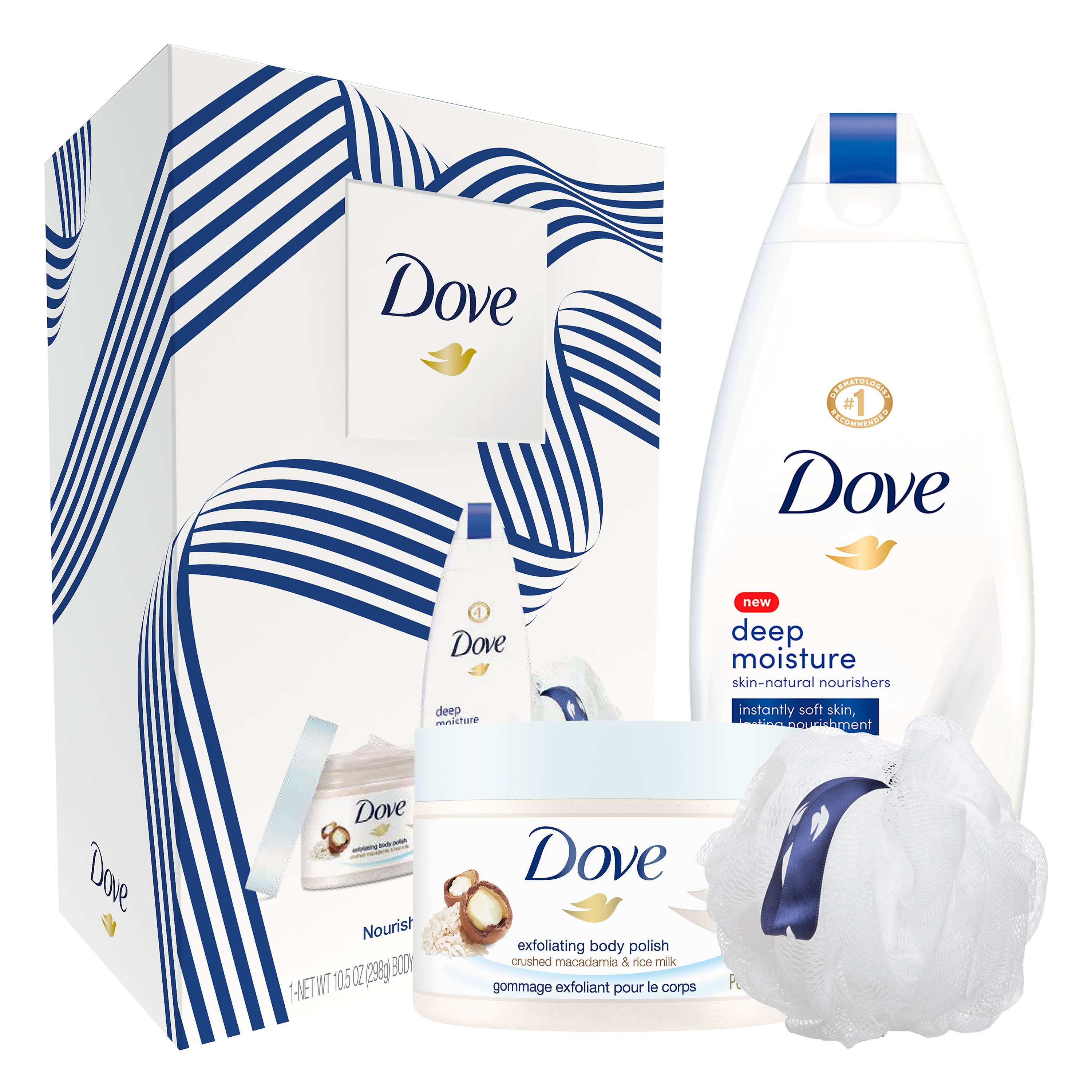 Dove Body Wash and Scrub Gift Set Deep Moisture and Crushed Macadamia and Rice Milk, 2 Count