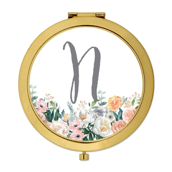 Koyal Wholesale Gold Compact Mirror Bridesmaid's Wedding Gift, Peach Flower Florals on White, Monogram Letter N, 1-Pack